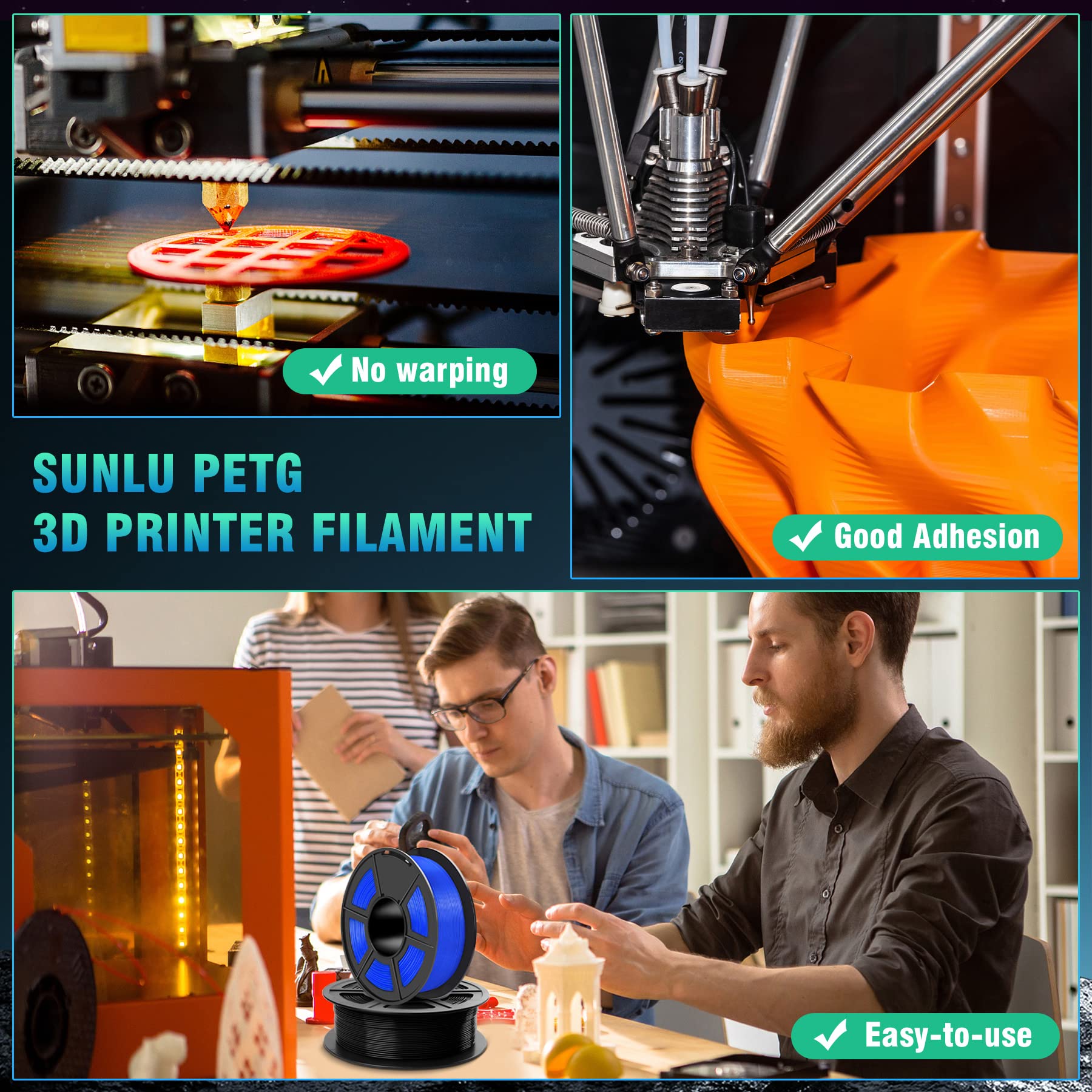 SUNLU PETG Filament 1.75 mm, Hochfestes 3D Drucker Filament PETG, Unübertroffene Haltbarkeit und Flexibilität, 3D Druckfilament 1,75 mm, Passt für die meisten FDM 3D-Drucker, 1kg Spule, petg Schwarz 4
