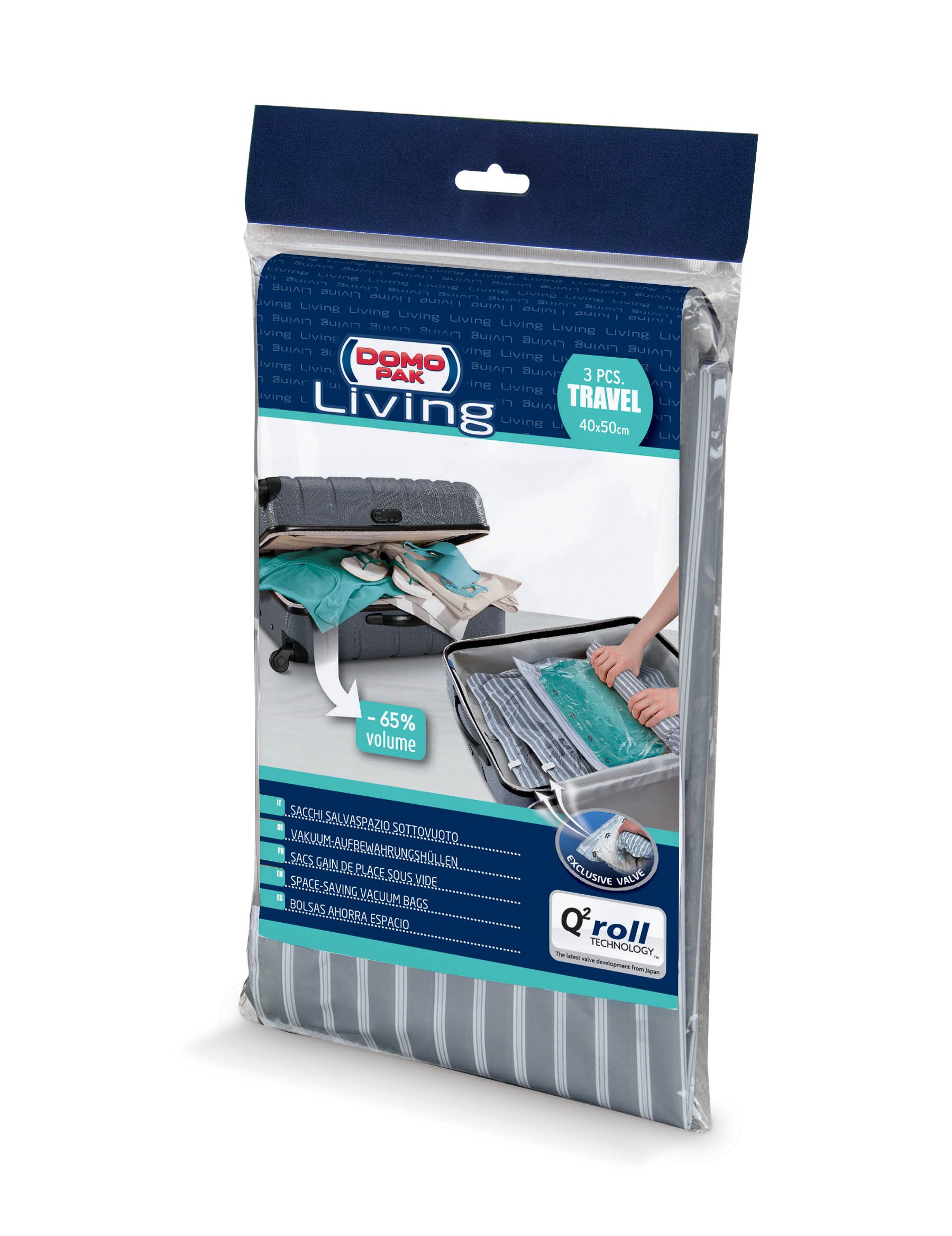Domopak Living 8001410070692 Set 3 Travel Vacuum Pouches Medium, Transparent, Plastic, 0.2 x 40 x 50 cm