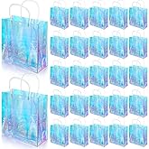 Sherr 25 Pcs Clear Holographic Small Gift Bag Iridescent Reusable PVC Plastic Gift Wrap Tote Bag for Shopping Wedding Birthday Baby Shower Party Favor, 7.87" x 7.87" x 3.15"