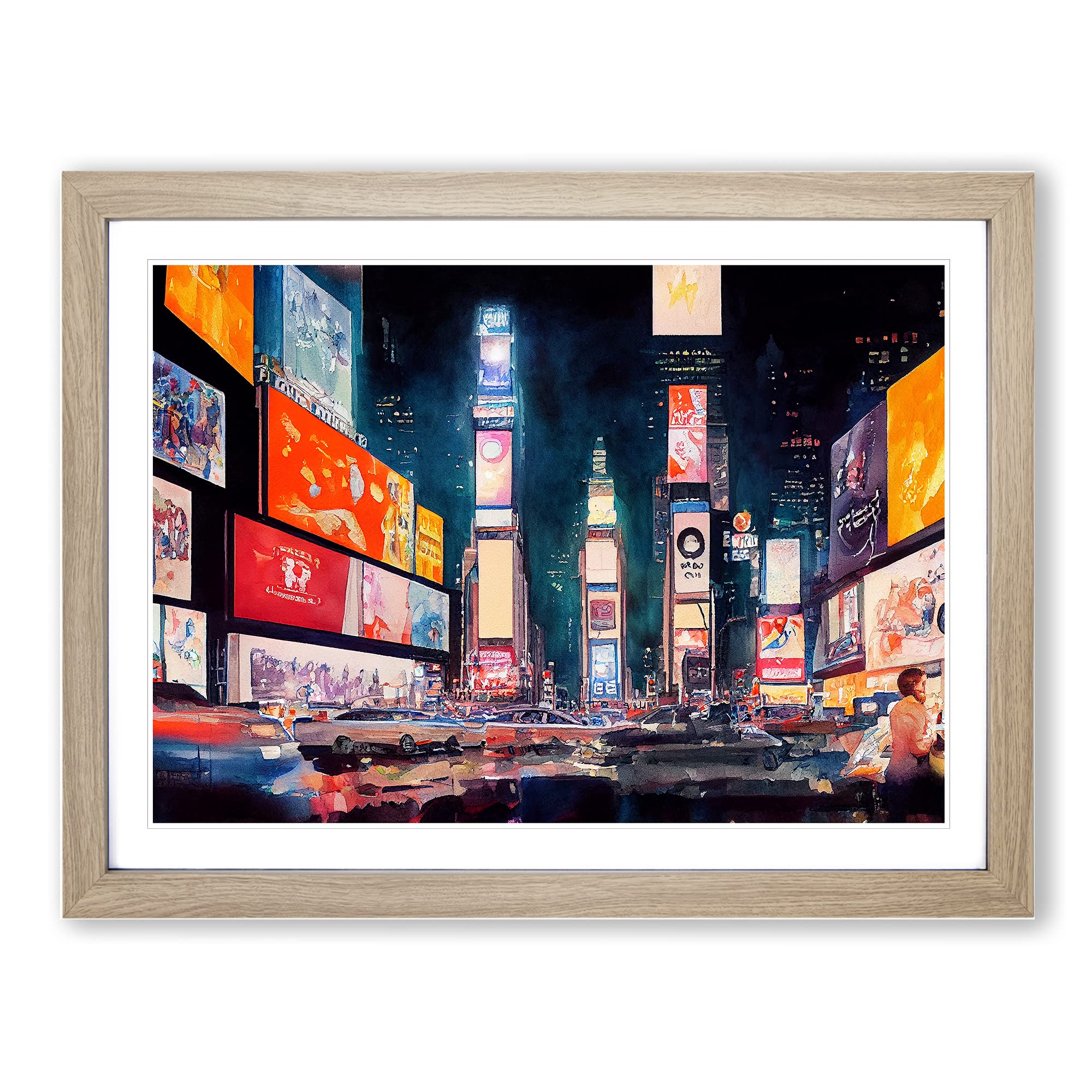 Times Square New York Watercolour Vol.4 Framed Print | A4 Oak Framed Wall Art | Ready to Hang | Modern Historical Picture | Living Room Bedroom Lounge Office