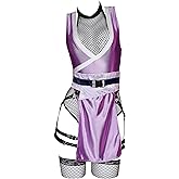 Mobbunny Womens Anime Cosplay Costume Purple High Slit Bodysuit Fishnet Mesh Bodysuit with Mask and Thigh Socks