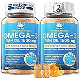 Fish Oil Omega 3 Gummies 1500mg for Adults - Triple Strength with EPA & DHA, COQ10, Red Yeast Rice - Wild Caught Omega 3 Fatty Acids Supplements for Hḙar-t & Brain - Sugar Free, Burpless, 120 Count
