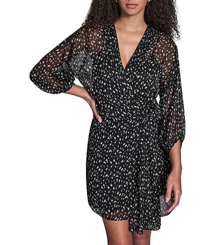 BCBGeneration Womens Black Ruffled Zippered Self Tie Waist Floral Balloon Sleeve Square Neck Mini Party Fit + Flare Dress 8 at Amazon Women's Clothing store