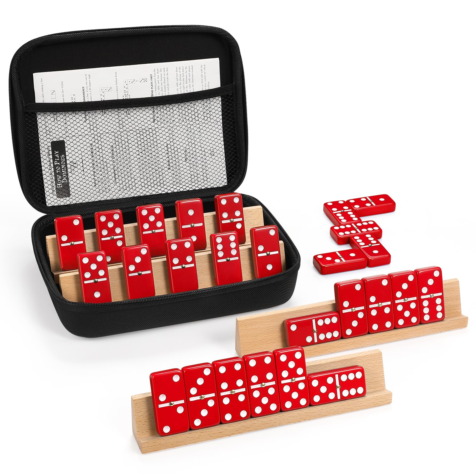 Jumbo Dominos Set for Adults with 4 Wooden Racks/Trays, Double 6 Dominoes Travel Set with Portable Case Double Six Dominoes Set with 4 Tiles Holders, 28 Tiles Dominos Set for Family Board Games