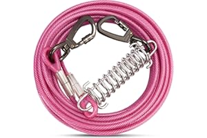 AYIFFWTEO Rosered Tie Out Cable with Spring for Dogs,10/20/30/50FT Long Dog Leash,Dog Runner for Yard Heavy Duty,Dog Chains for Outside, Sturdy Long Line Lead for Dogs Training Outdoor in Camping(Rosered,20ft)