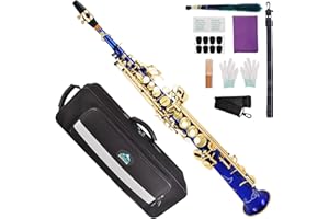 EASTROCK Bb Soprano Saxophone Straight Blue Sax Instruments for Beginners Intermediate Players with Carrying Case,Mouthpiece,Pads,Reed,Cleaning kit,Neck Strap,White Gloves