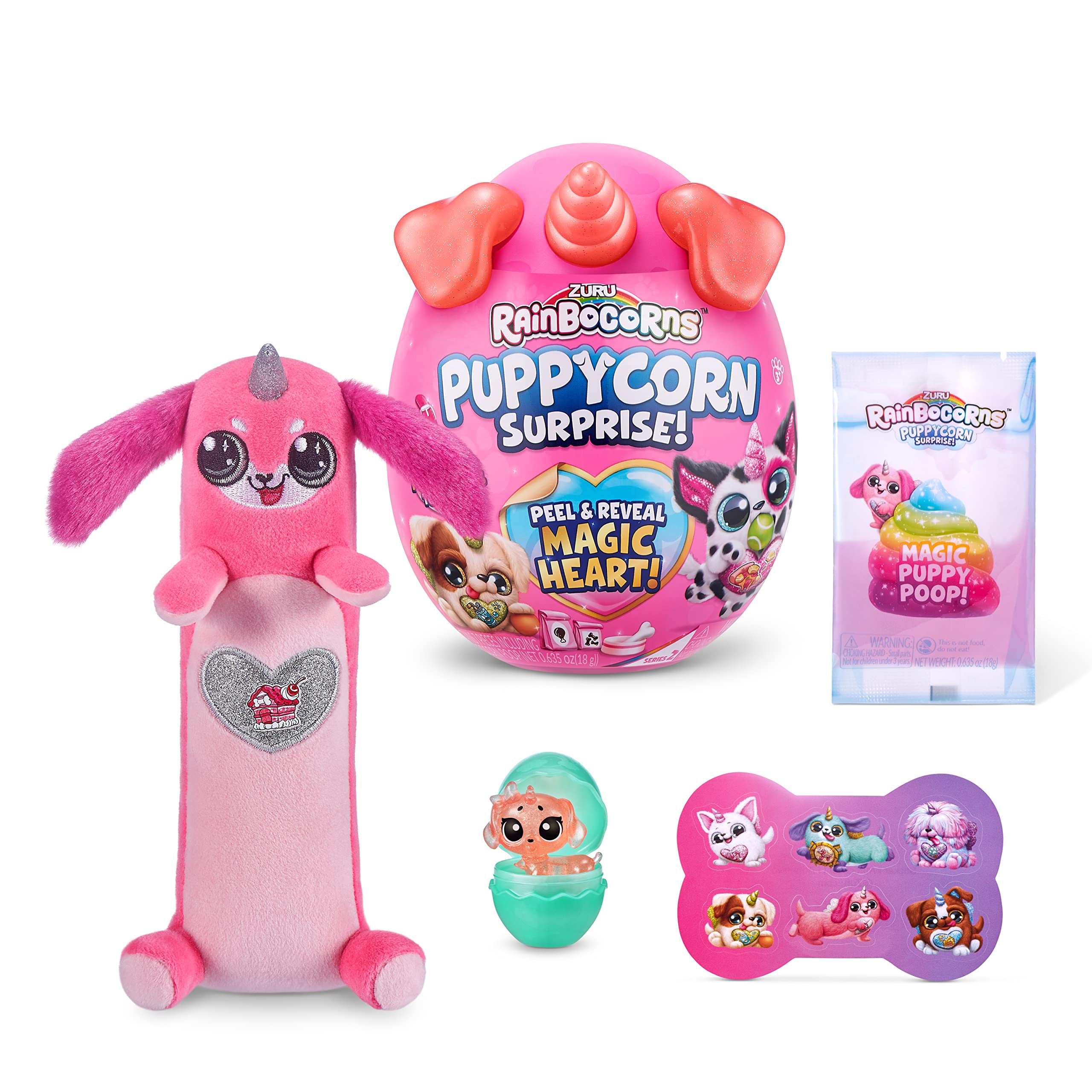 Rainbocorns Sparkle Heart Surprise, Puppycorn Series 2, Squeaky Jay the Sausage Dog - Collectible Plush - 7 Layers of Surprises, Peel and Reveal Heart, Ages 3+