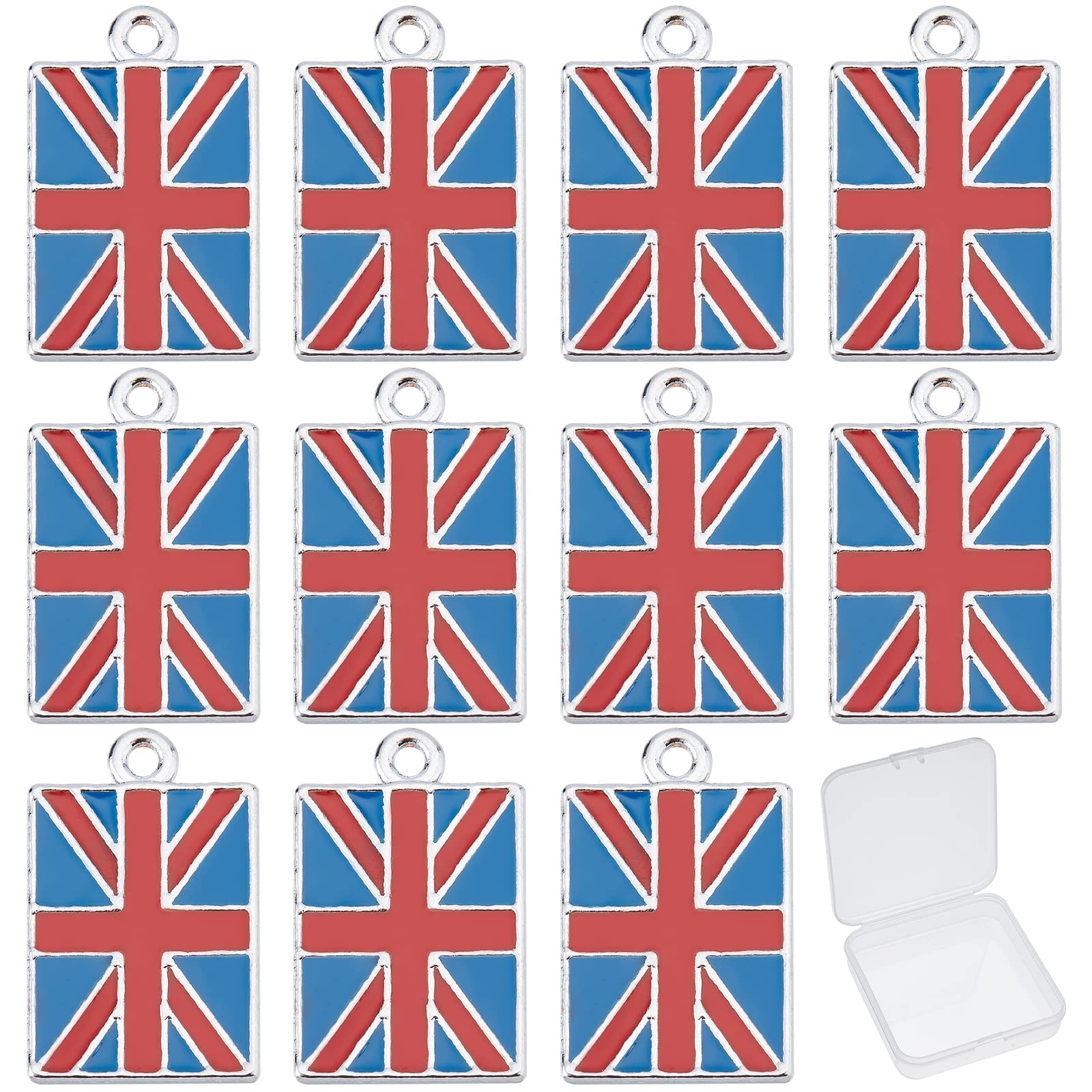 SUNNYCLUE 1 Box 30Pcs Alloy Double-Sided Enamel Flag British Union Jack Keyring Car Bag Pendants Rectangle British flag Bulk for Jewellery Making Charms Dangle Phone Handbags Wallet Hanging Supplies