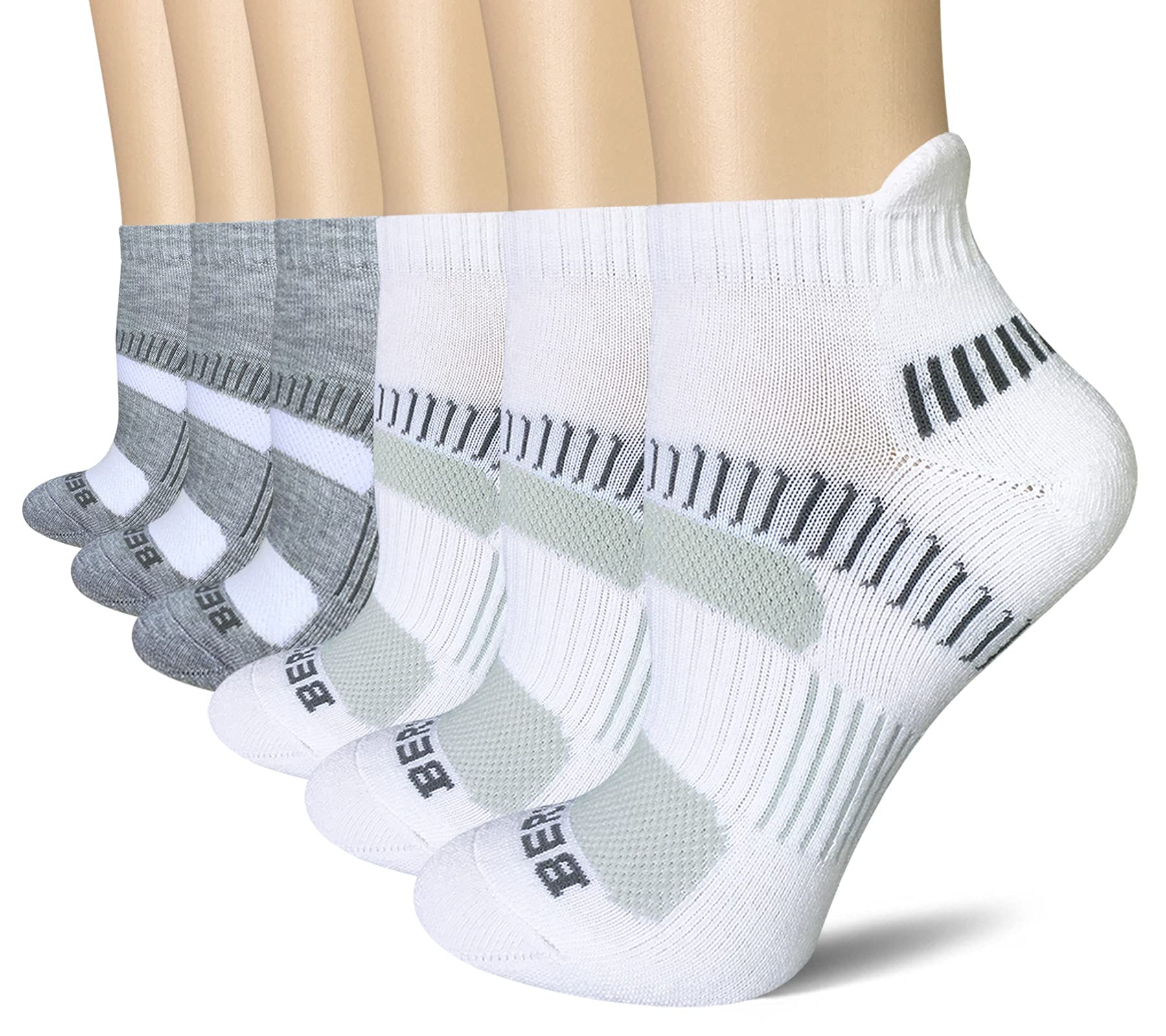 Photo 1 of BERING Women's Athletic Running Cushioned Ankle Socks, Size 6-9, White/Grey, 6 Pairs