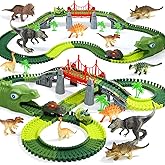 EagleStone Dinosaur Track Set for Kids – 225 PCS Flexible Race Tracks,1 Electric Dino Cars with Light, 8 Dino Figures, Dinosa