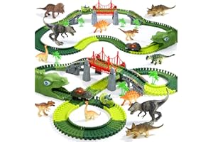 EagleStone Dinosaur Track Set for Kids – 225 PCS Flexible Race Tracks,1 Electric Dino Cars with Light, 8 Dino Figures, Dinosa
