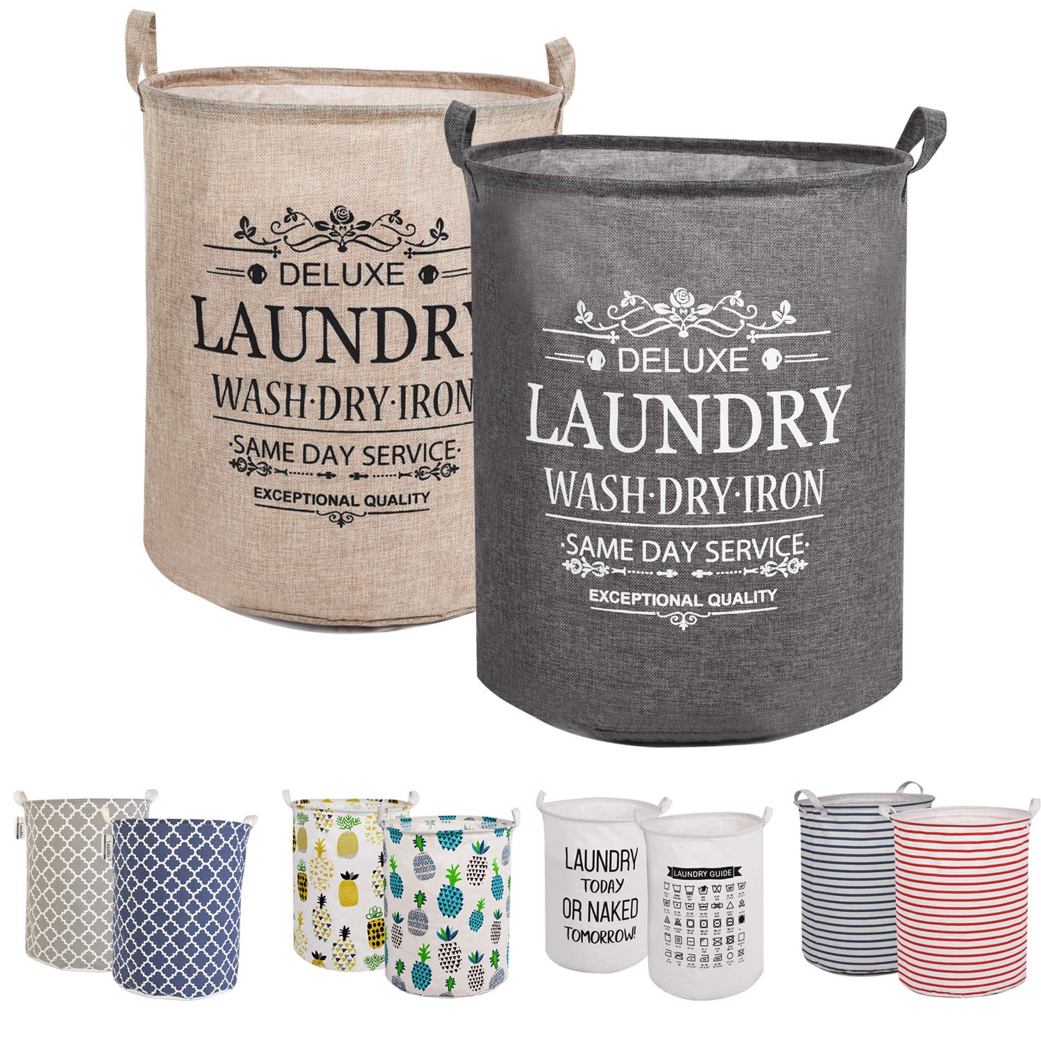 LessMo 2Pcs 17.7" Laundry Hamper, Collapsible Storage Basket With Easy Carry Handles, Waterproof Round Cotton Linen, for Baby Products, Toys, Bedroom Hamper