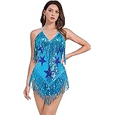 IWEMEK Sequin Sparkle Stars Fringes Bodysuit Leotard Rave Outfit for Women Music Festival Latin Dance Tassel Fringe Romper