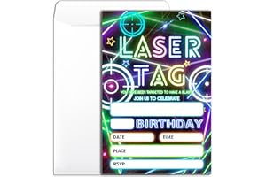Wybgno Laser Tag Birthday Party Invitation 20 Glow Laser Tag Theme Party Neon Party Birthday Invitation With Envelopes for Boys Girls Party Invite Cards -4×6 inch-B013