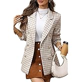 ELLEVEN Womens Oversized Plaid Tweed Blazers, Boyfriend Style Double Breasted Blazer Jacket Casual Outfits