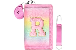 SiorVeol Kids Wallet Girls Trifold Initial Glitter Wallets with Zipper and Card Slots Including Neck Lanyard and Hanging Strap, Rainbow, R