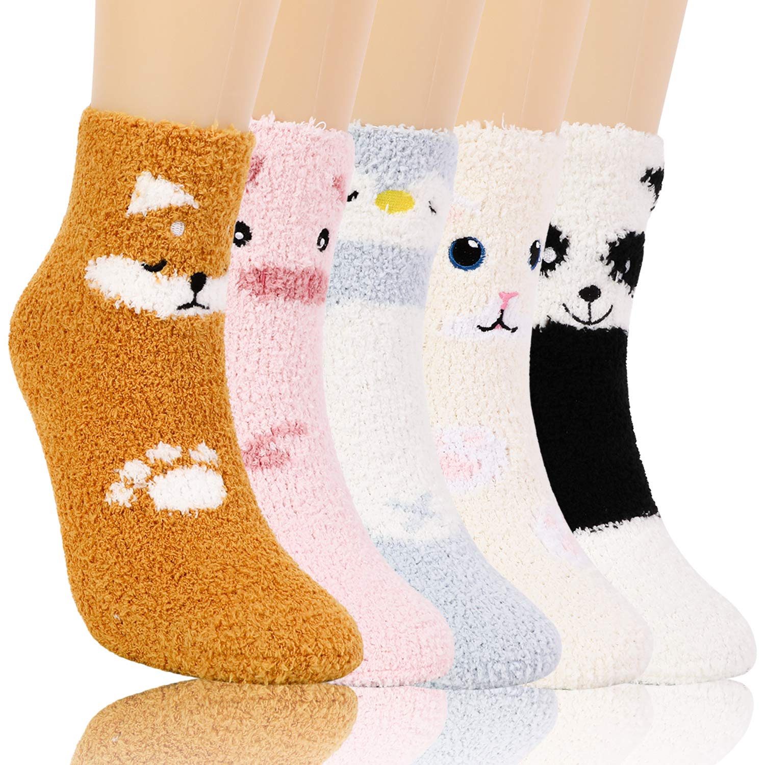 QKURT 5 Pair Animal Fluffy Socks, Novelty Funny Cute Animal Fuzzy Socks Super Soft Microfiber Cozy Sleeping Socks for Home and Sleep
