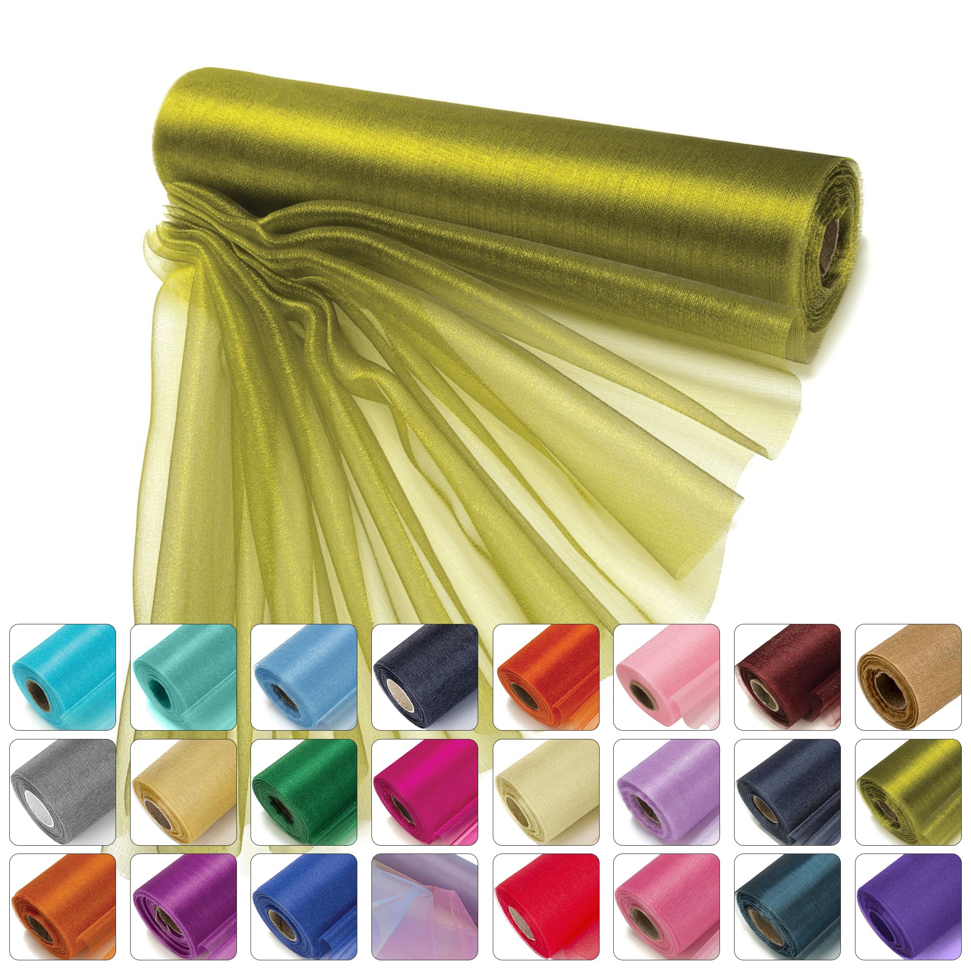 WedDecor 25m x 29cm Snow Sheer Organza Rolls Glitter Fabric for Table Runner Sashes Wedding Decoration, Chair Cover Bows, Table Back Drop, Ribbon Crafting Supplies, Olive Green