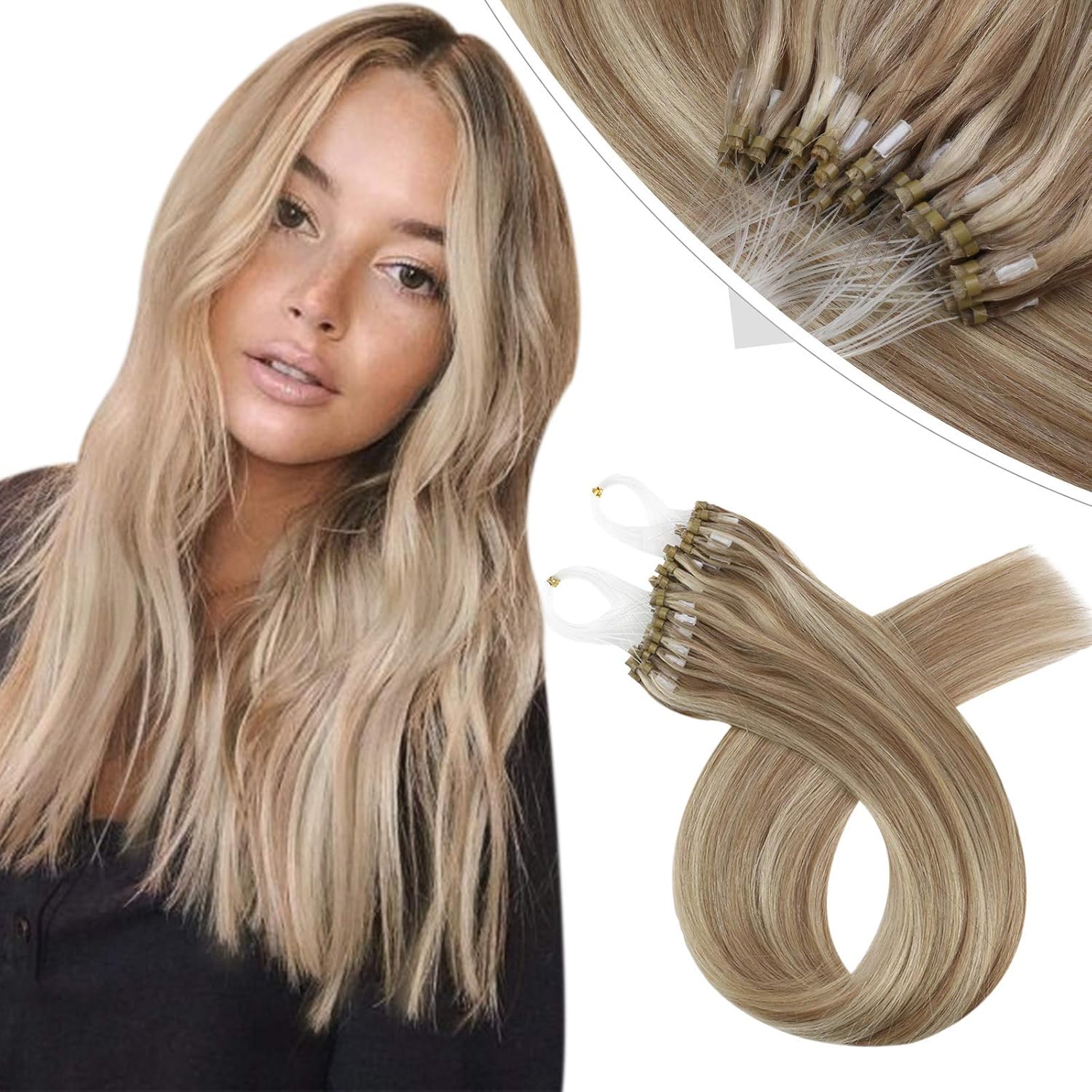 YoungSee Micro Loop Hair Extensions Blonde 22 inch Micro Beads Hair Extensions Dark Ash Blonde Highlights Golden Blonde Micro Rings Hair Extensions Long Straight 50s Cold Fusion 50g Lightweight