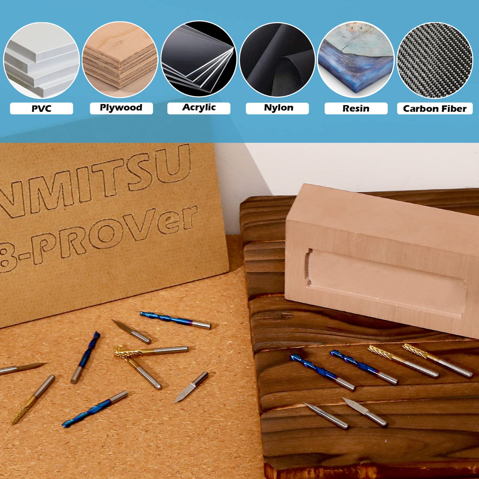 30pcs End Mills CNC Router Bits, 1/8'' Shank, Including 2-Flute Nano Blue Coat Flat Nose End Mill, Titanium Coat CNC Bits & 30° V-Groove Engraving Bits, MC30B