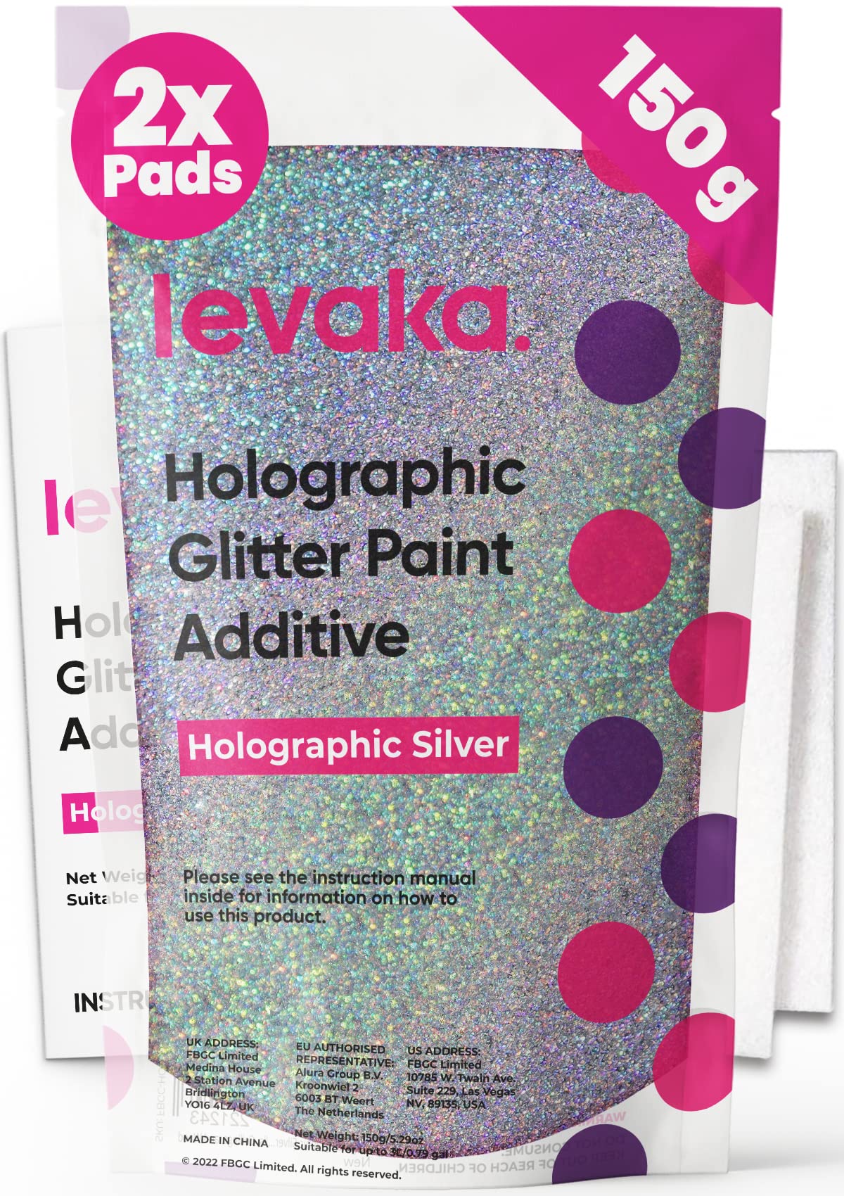 Levaka Holographic Silver Glitter Additive, 150g with 2 x Buffing Pads – Paint Additive for Luminous Finish on Interior or Exterior Walls, Ceilings, and Woods – Paint Glitter for Walls