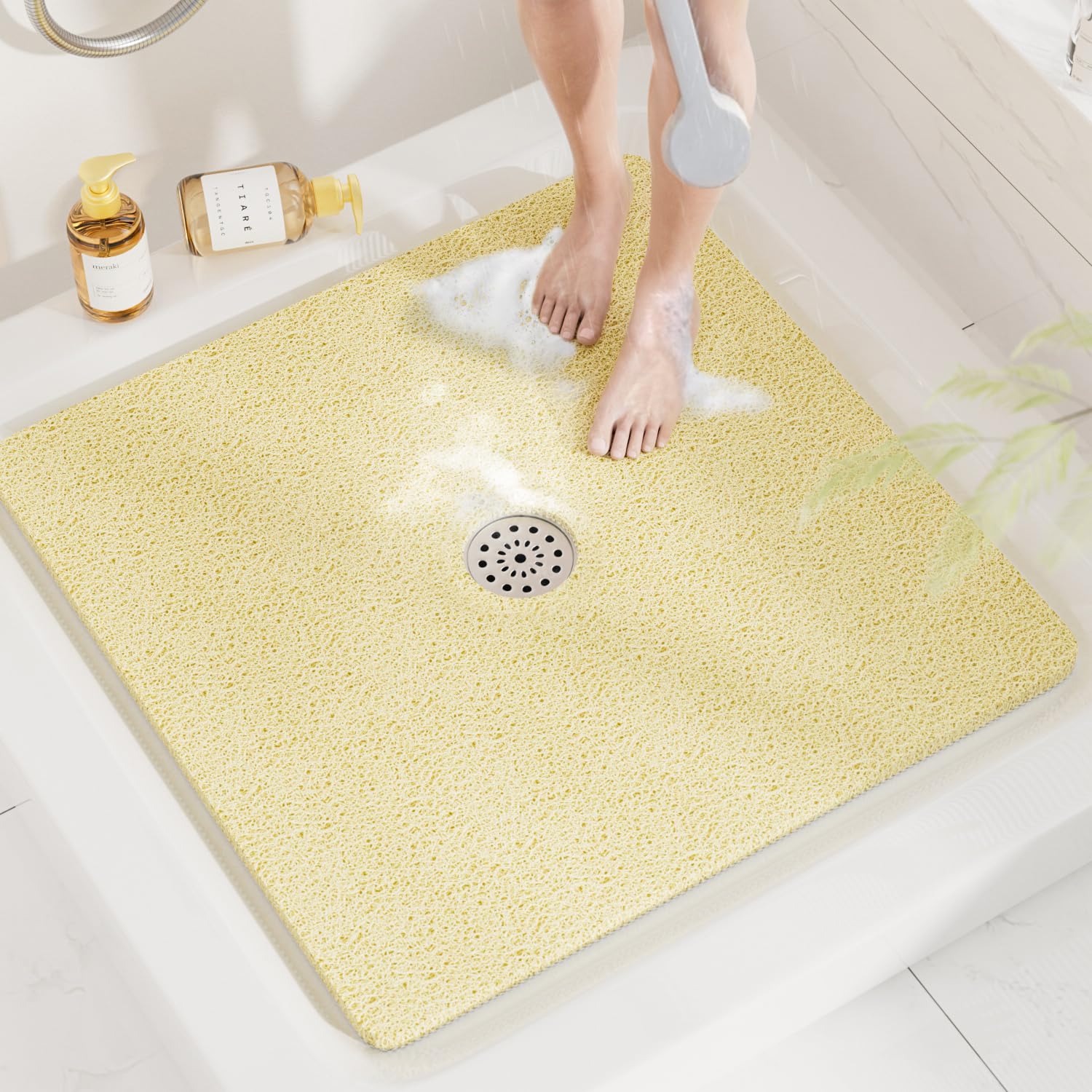 Photo 1 of HITSLAM Square Shower Mat, 32 x 32 Inch Non Slip Bath Mat for Tub, Soft PVC Loofah Bathtub Mats with Drain Holes, Quick Drying Bathroom Stall Floor Mat, Bathroom Accessories Without Suction Cup, Beige