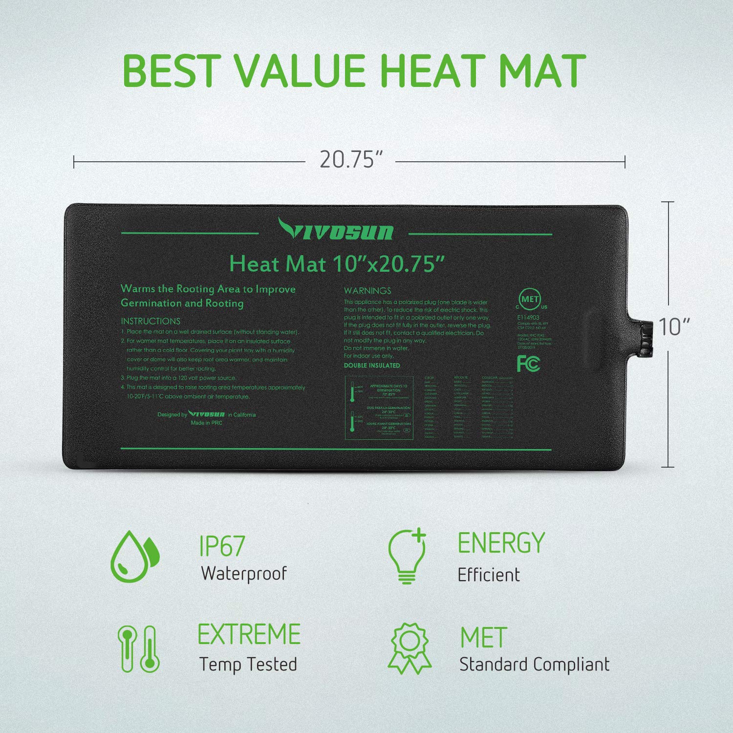 VIVOSUN Durable Waterproof Seedling Heat Mat Warm Hydroponic Heating Pad 10" x 20.75" MET Standard