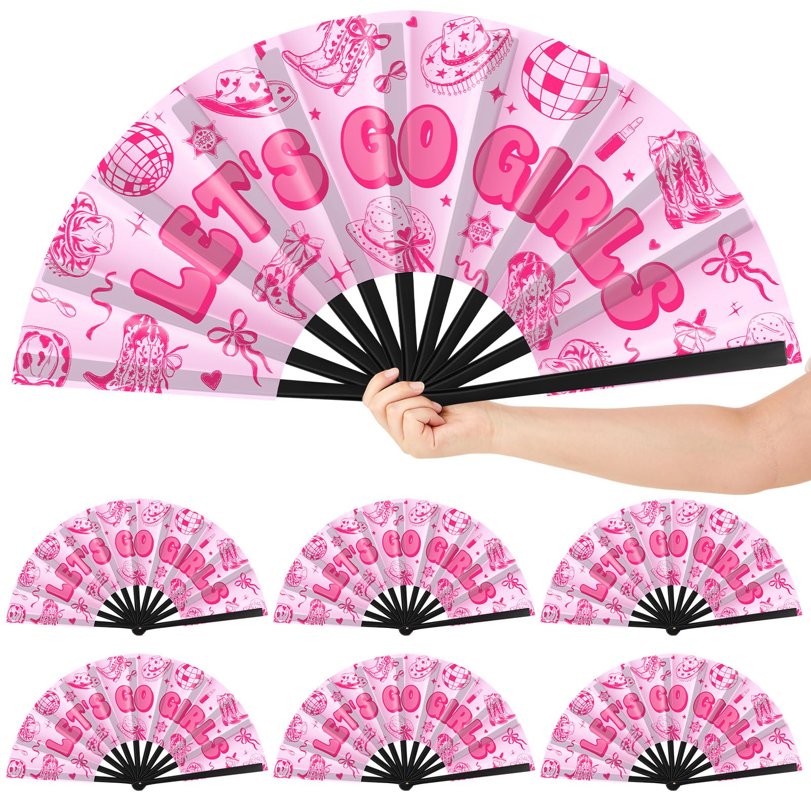 Photo 1 of Wesiti 6 Pcs 13 Inch Lets Go Girls Folding Fans Boots on The Ground Pink Cowgirl Western Line Dance Popping Last Rodeo Bachelorette Party Folding Hand Fan for Women Bachelorette Rodeo Party Favors