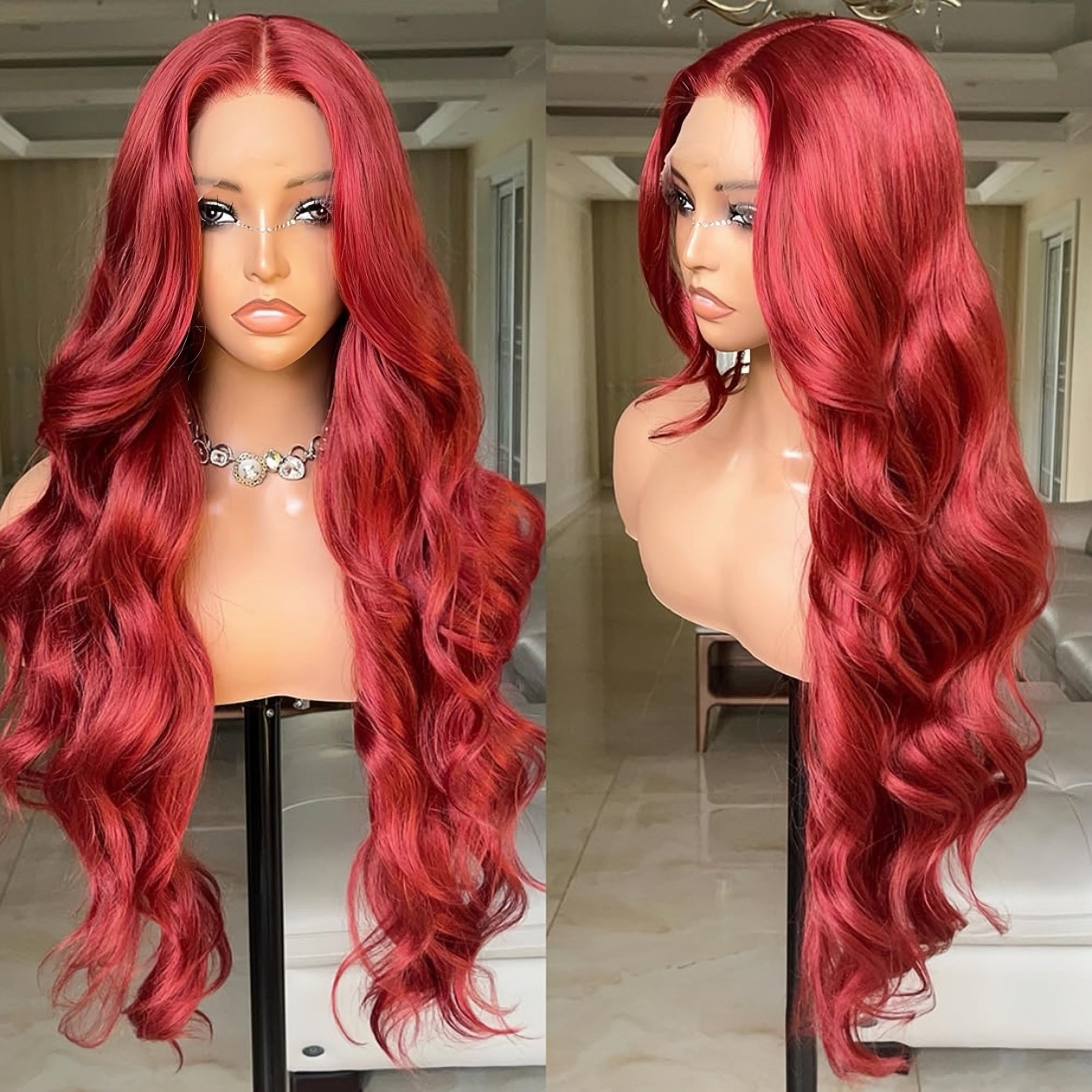 Photo 1 of FABÉLLE Red Wig Lace Front Wig Body Wave for Women Pre Plucked with Baby Hair Synthetic Lace Front Wig Natural Curly Weave Glueless Wig Rose Pink Barbie Wig