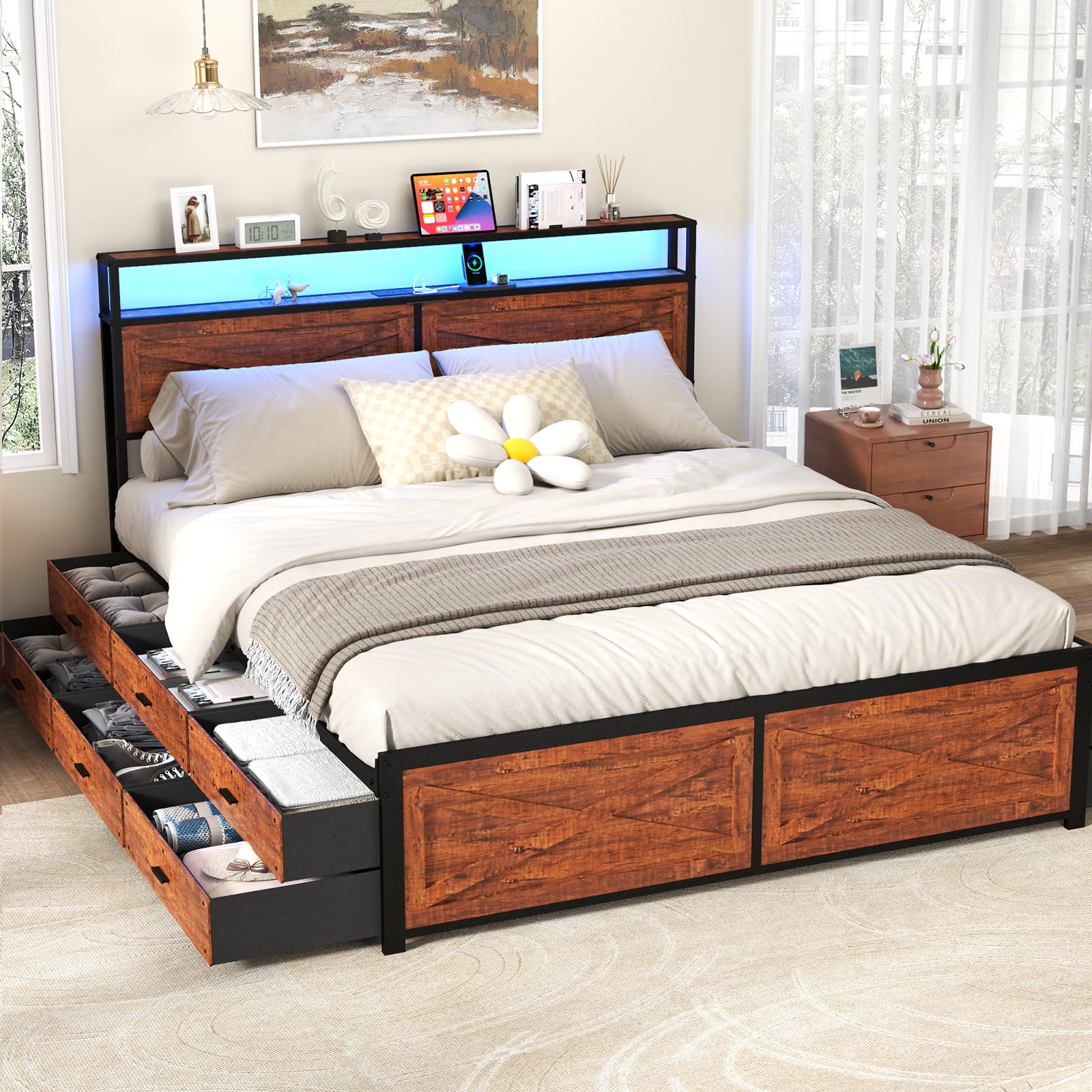 Photo 1 of *** INCOMPLETE SET/BOX 1 OF 2 *** Kiivakii King Size Bed Frame with 12 Storage Drawers, LED Headboard with Charging Station, Metal Bed Frames, No Box Spring Needed, Noise Free, Stable and Solid, Red Brown
