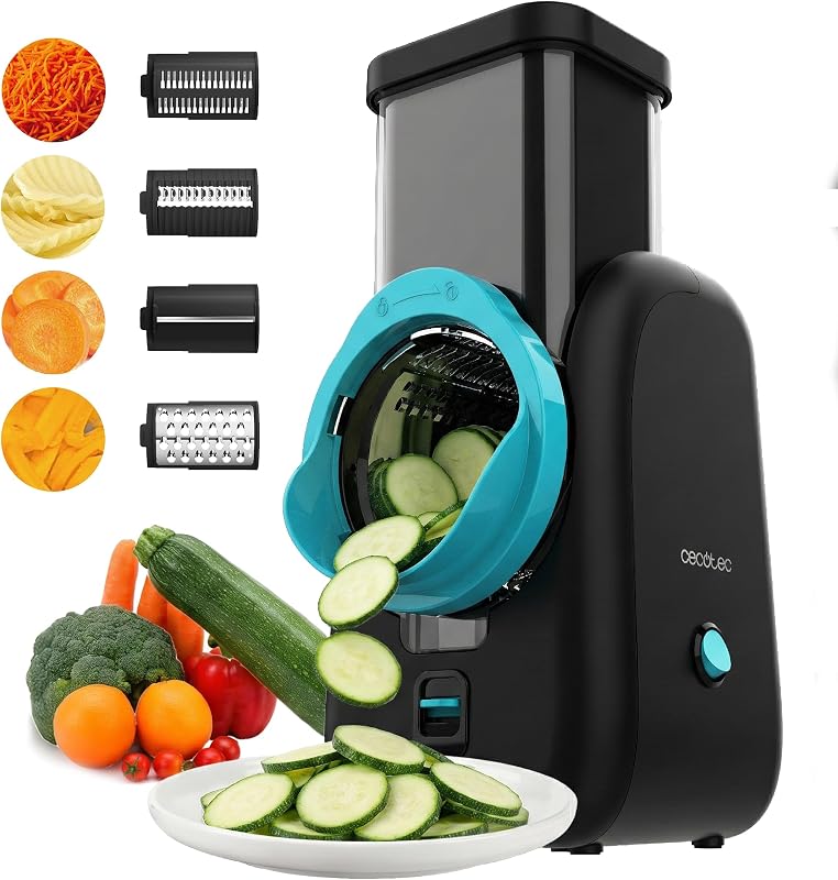 Cortador de Legumes Elétrico - Máquina de Saladas - Total Blade totalmente preto. Processador de alimentos, 4 cilindros intercambiáveis, cortes, grelhas e folhas, destacáveis, compactos, saladas em segundos