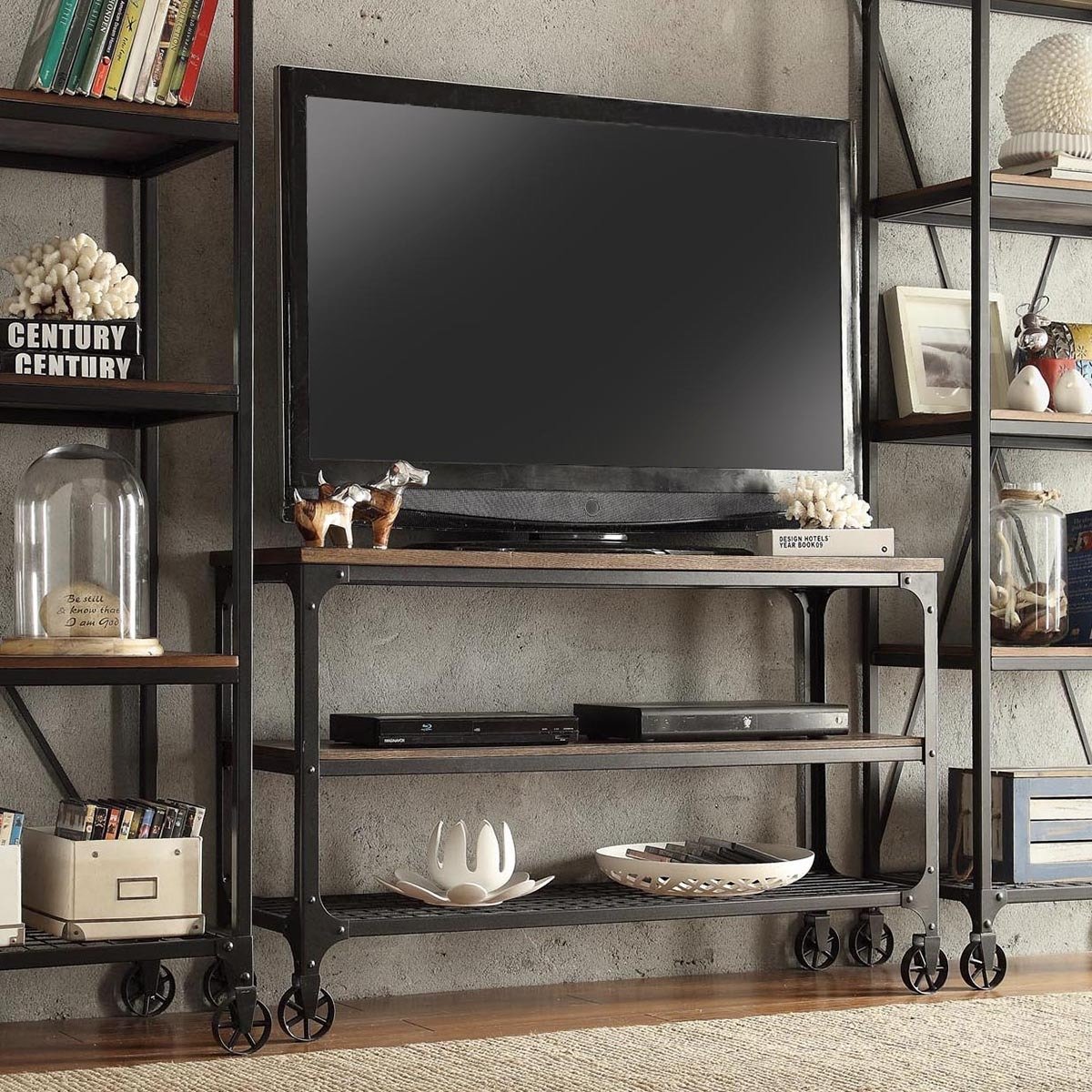 ModHaus Living Modern Industrial Rustic Riveted Black Metal & Wood TV Stand with Decorative