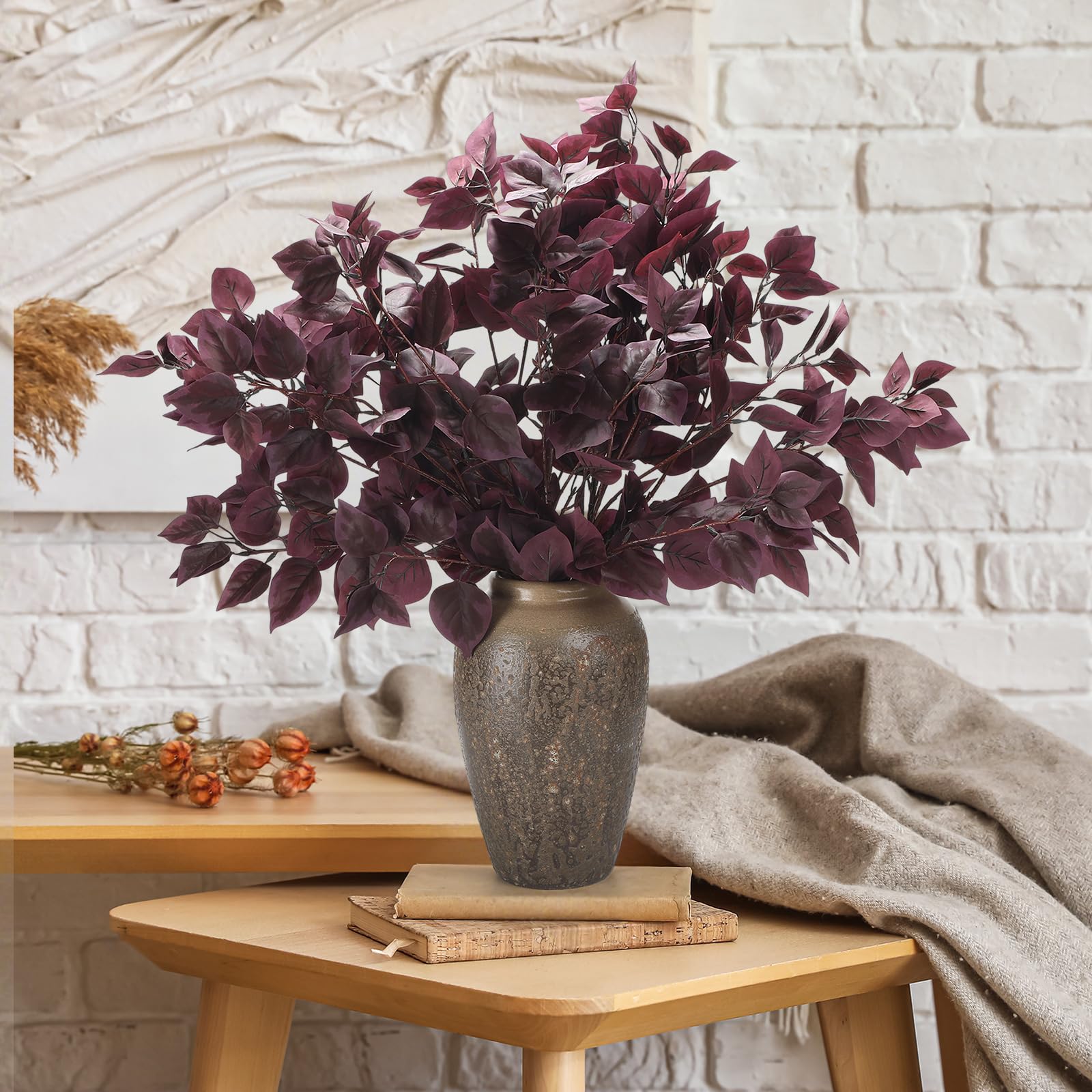 Photo 1 of Giegxin 8 Pcs Artificial Fall Eucalyptus Leaves Stems, 32.7 Inch Faux Fall Stems Plants Fake Burgundy Autumn Greenery Branches Spray Silk Leaves Plants for Vase Home Farmhouse Thanksgiving Table Decor