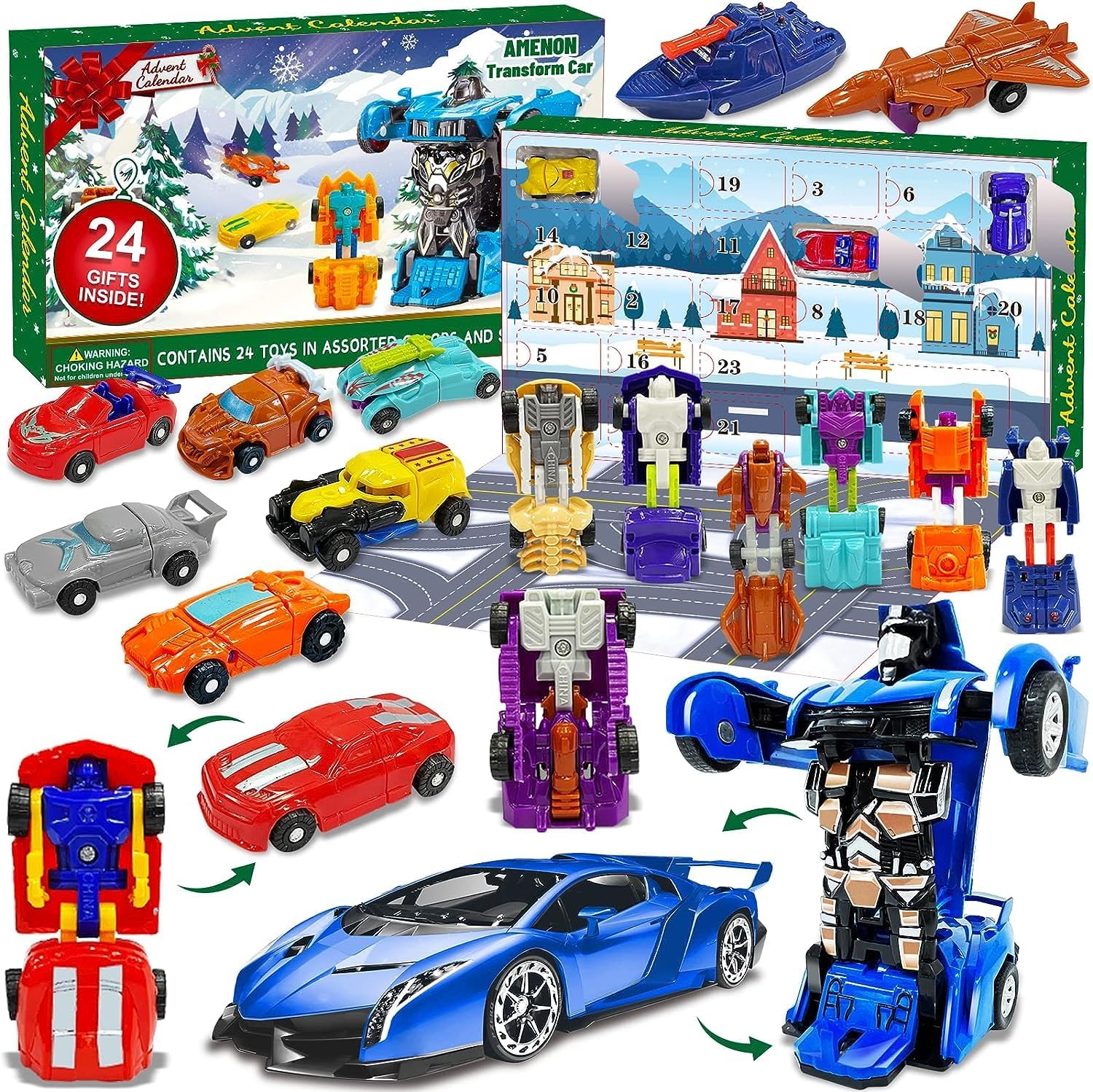Advent Calendars - AMENON 24 Pcs Transform Car Robot Toys Christmas Advent Calendar 2023 for Kids Boys, 24 Days Countdown Calendar Large Car Automatic Deformation + 23 Vehicles Xmas Stocking Stuffers Gifts Party Favors