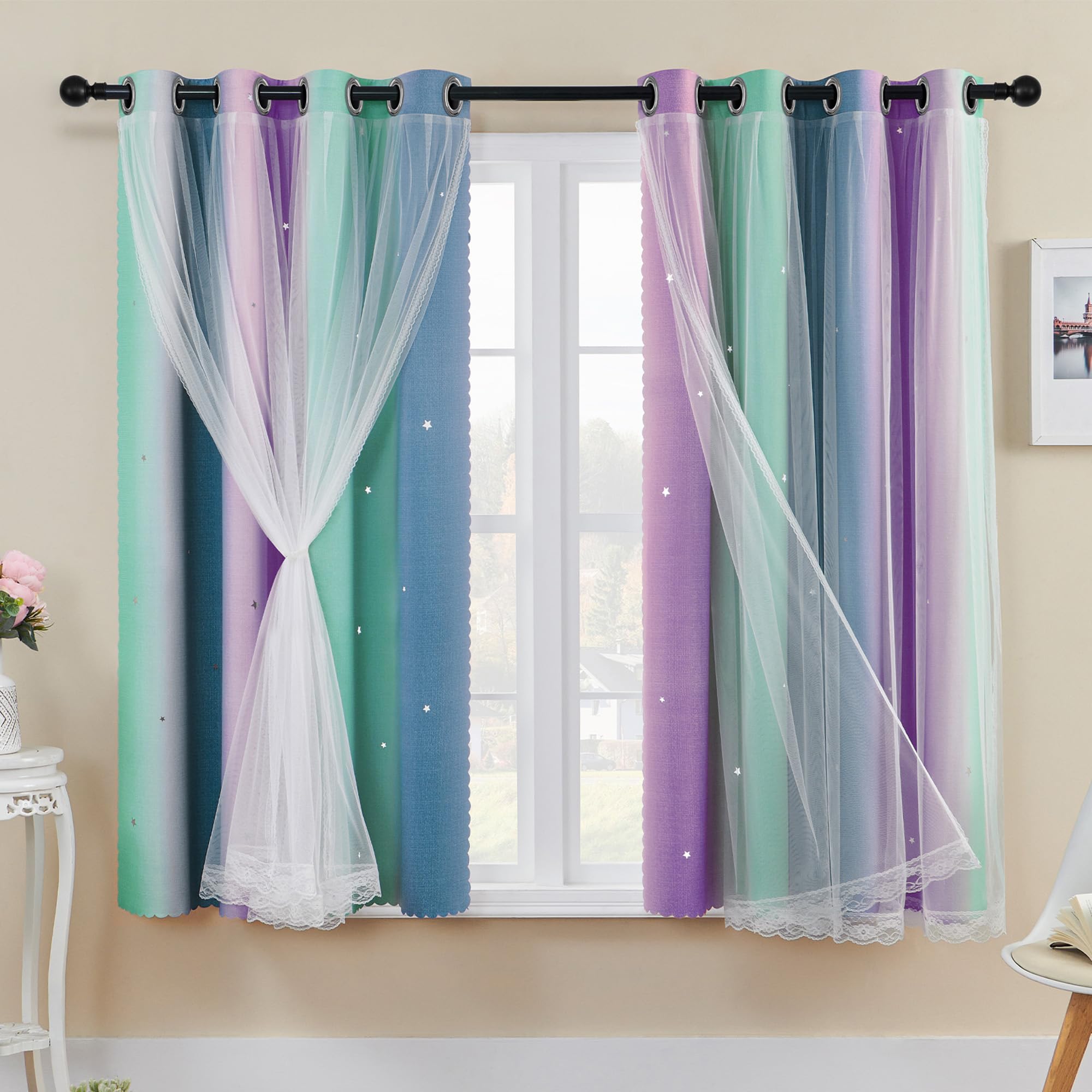 XiDi Blackout Curtains with Net 54 Drop Hollow Out Star Pattern Mix White Voile Sheer Short Eyelet Curtains for Kids Preteen Bedroom 52 Inch Wide Purple Green Grey,2 Panels