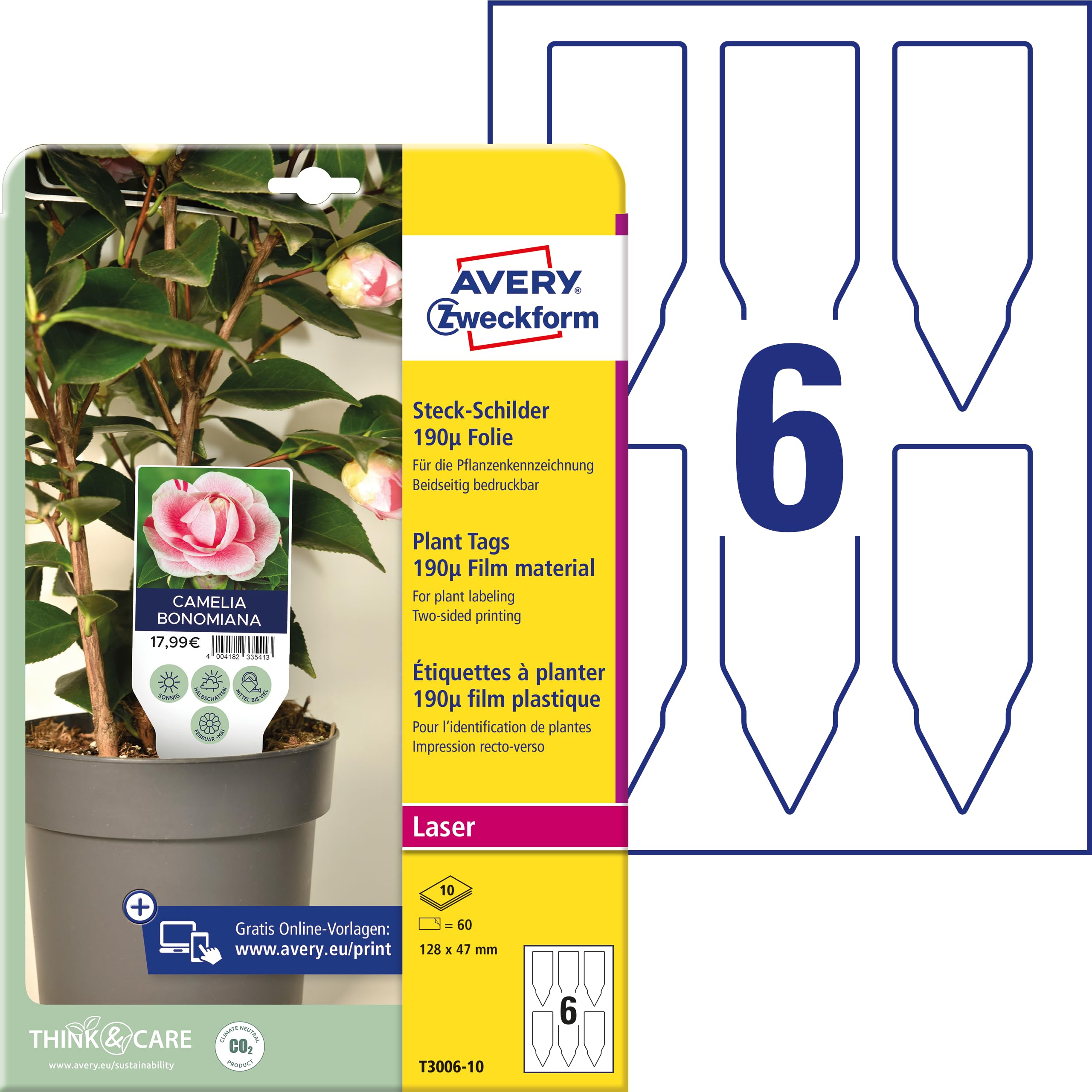 AVERY Zweckform T3006-10 Weatherproof Plug-in Signs Pack of 60 (128 x 47 mm on A4, Printable Plant Signs, Tear-Resistant, Heavy Duty, Garden Signs, Plant Signs) Film, White