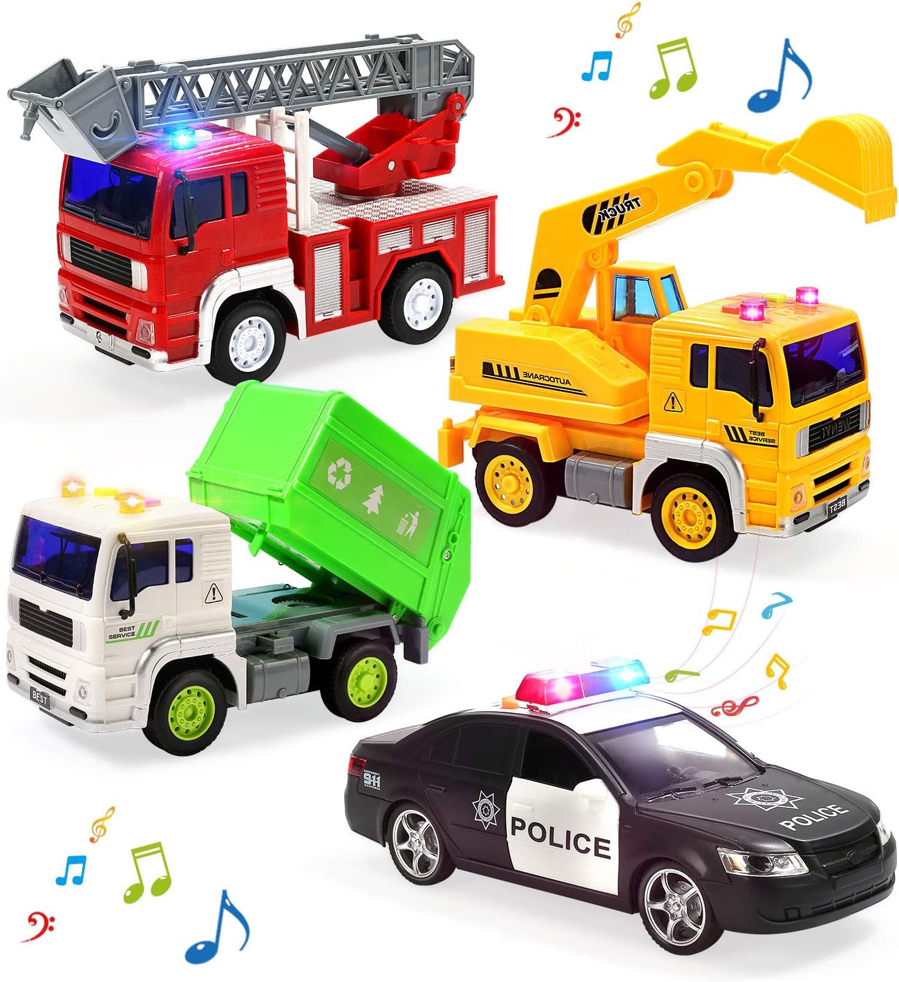 Fire Truck, Construction Truck, Police Car and Garbage Truck with Sound and Light, Pull Back Cars Push and Go Cars Friction Powered Play Vehicles for Toddler Boys and Girls: Toys & Games