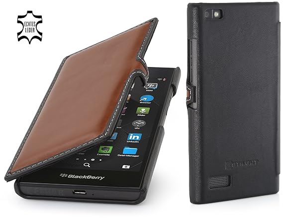 StilGut Book Type Case mit Clip, Hülle Leder-Tasche für BlackBerry Leap. Seitlich klappbares Flip-Case aus Echtleder für Blac