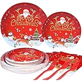 LOOWVY Christmas Paper Plates and Napkins Set, Christmas Plates Cups Napkins Forks Tablewares Party Supplies Serve 24