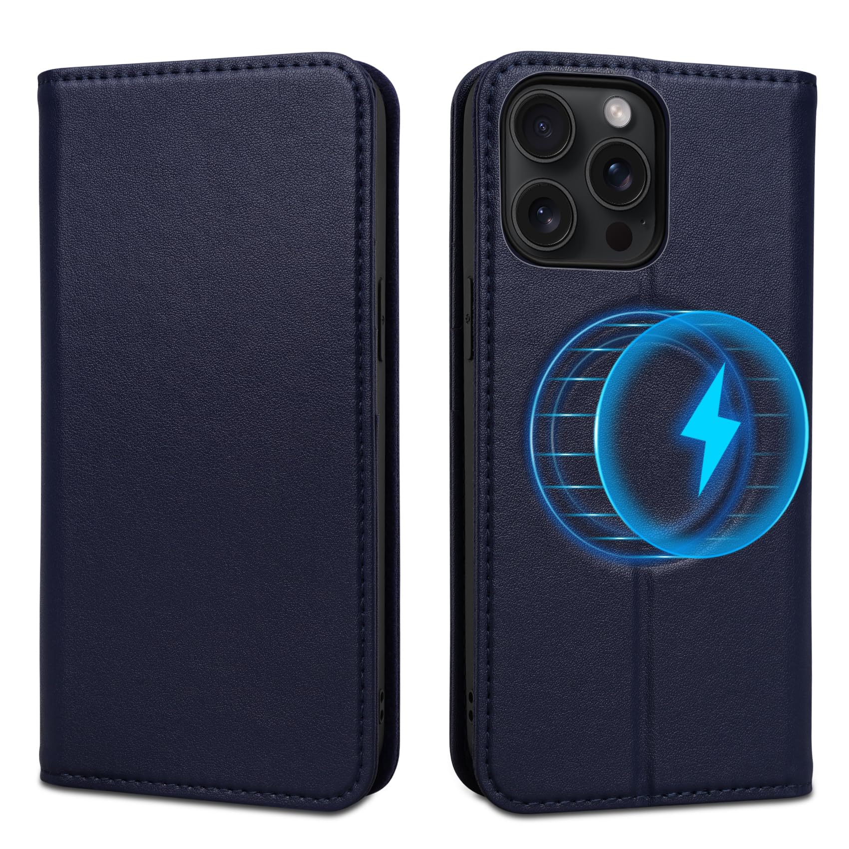 HPOEYNANY Wallet Case for iPhone 15 Pro 6.1", Genuine Leather Flip Folio Book Case Compatible with Magsafe, RFID Blocking Magnetic Card Holder Kickstand Cover Men Women for iPhone 15 Pro - Dark Blue