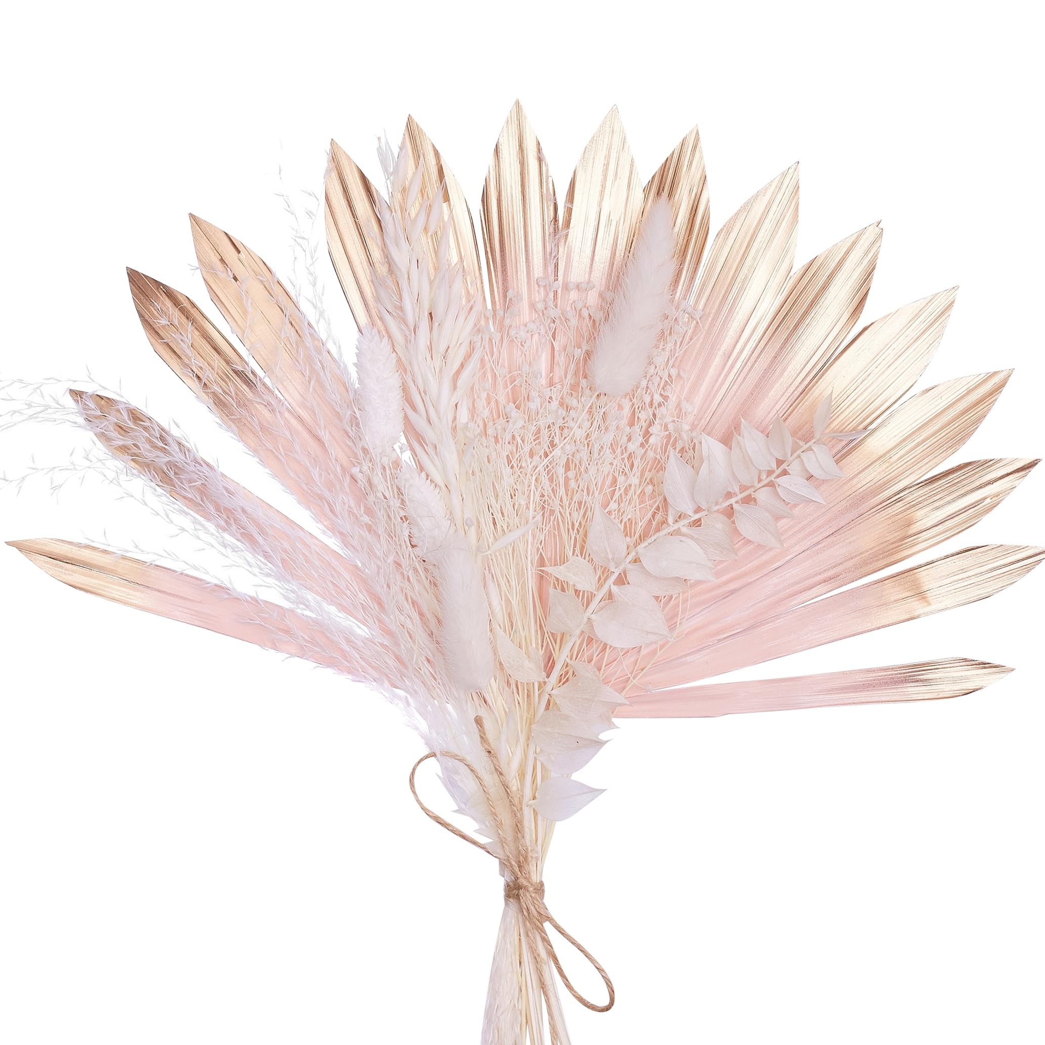 The Baked Studio - Boho Dried Flower Cake Topper Set With Pink & Gold Sun Palm Leaf Leaves & White Dried Flowers For Cake Decorating (Classic Set)
