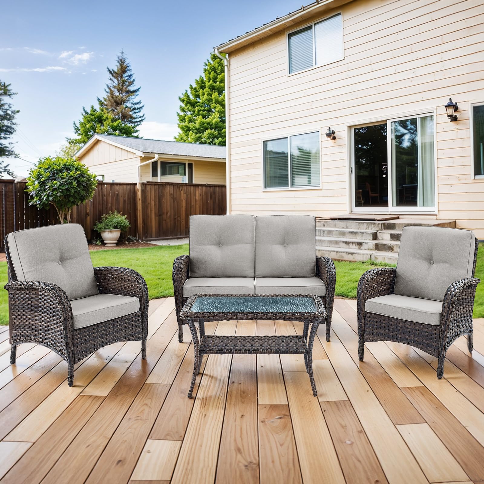 HUMMUH 4-Piece Patio Furniture Wicker Outdoor