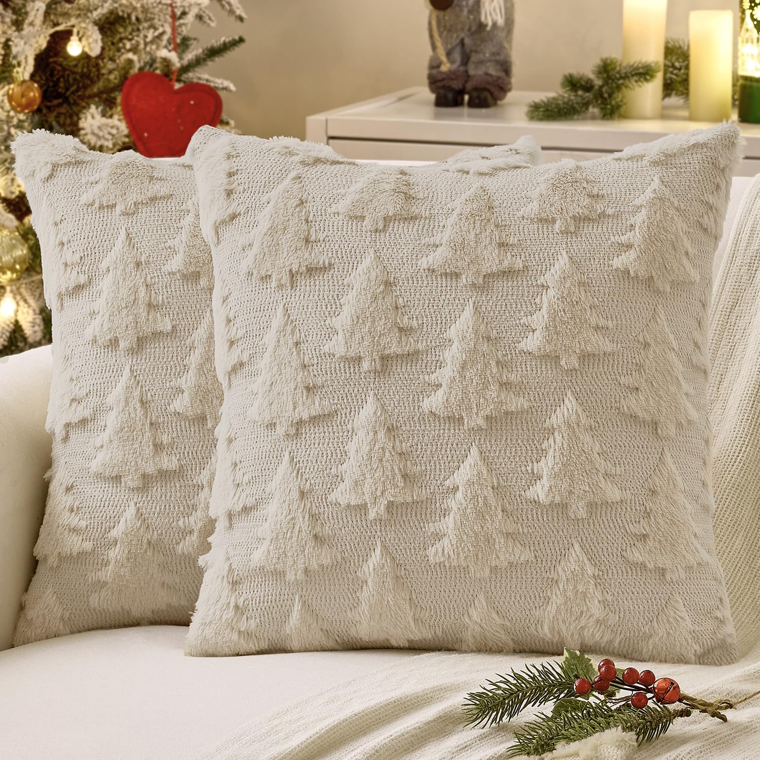 Photo 1 of (COVER ONLY)  MIULEE Christmas Throw Pillow Covers Beige Christmas Decorations Set of 2 Xmas Tree 22x22 Pillow Covers Soft Plush Faux Wool Pillowcases Holiday Festivals Winter Home Decor Sofa Couch Bed Porch