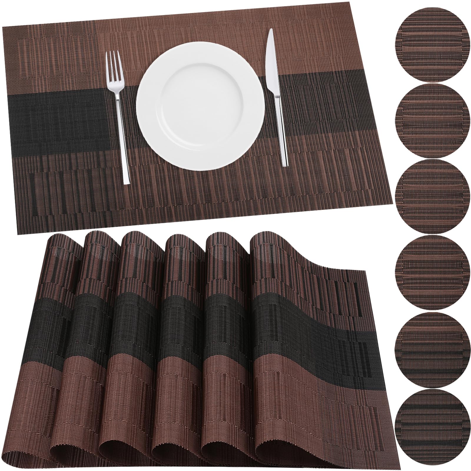 HEYOMART Placemats and Coasters Sets of 6, PVC Vinyl Table Mats Non-Slip Heat Resistant Washable Dinner Place Mats for Kitchen Dining Table Home Restaurant, Coffee