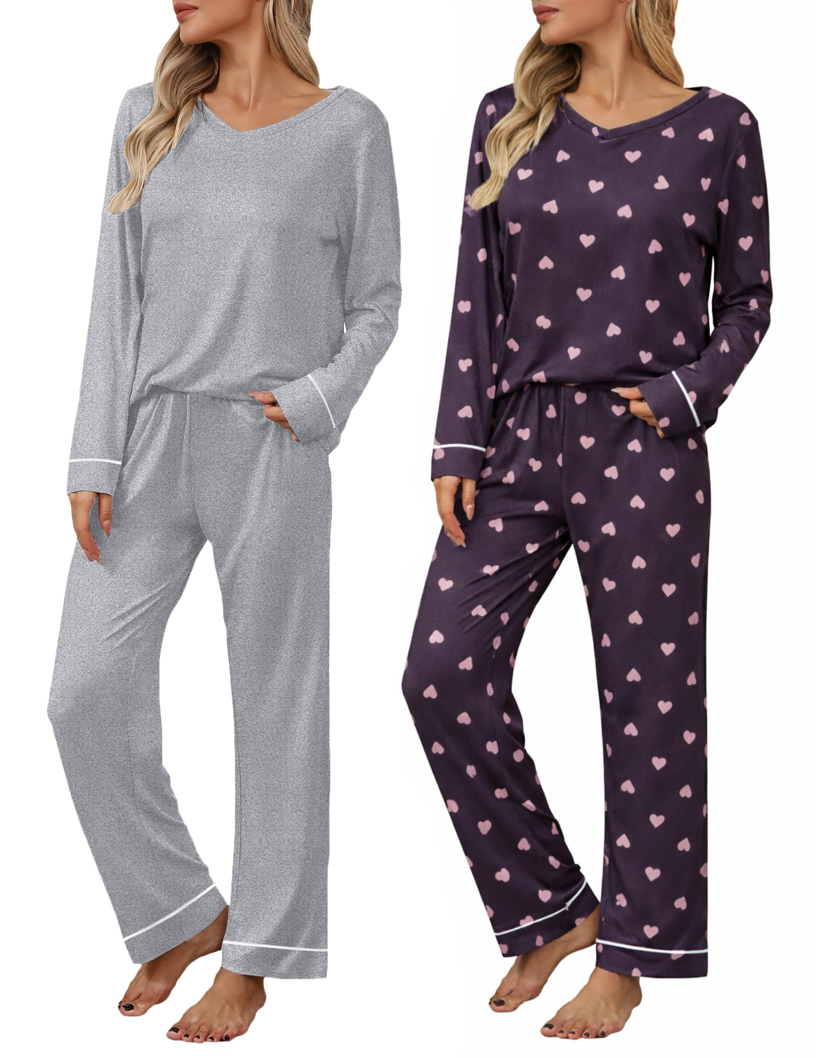 Ekouaer Womens 2 Pack Pajama Set Long Sleeve Pajamas Top and Pants V Neck Pjs Set Soft Loungewear with Pockets Image