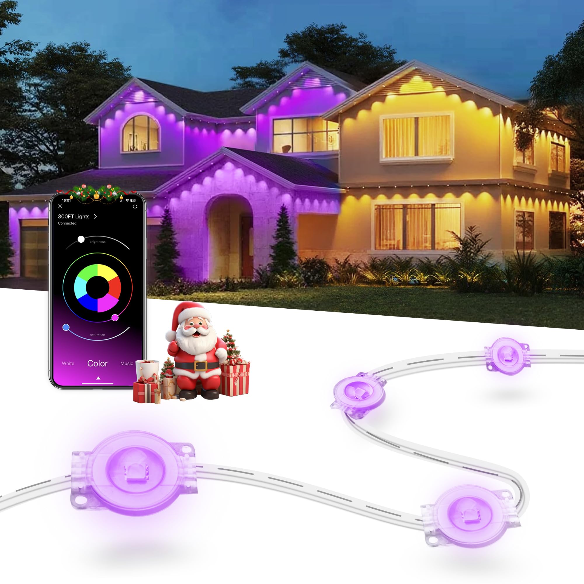 Photo 1 of *Missing items/power source* Nexillumi 300ft Permanent Outdoor Lights for House, 2025 New Smart RGB Christmas Lights Outdoor with APP Remote Control, IP67 Waterproof Eternity Eaves Lighting for Halloween Christmas Decorations