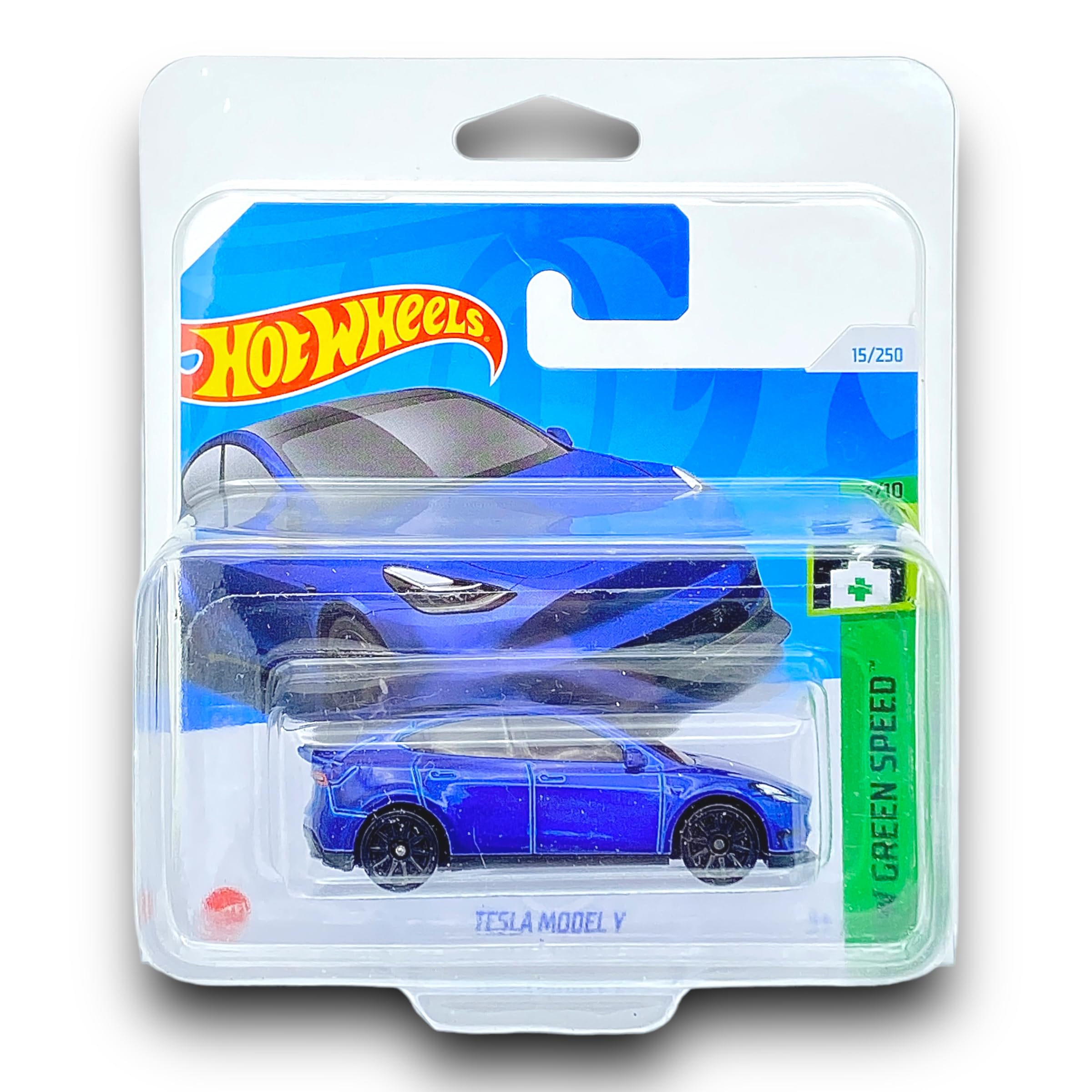 Hot Wheels Tesla Model Y (Blue) 3/10 HW Green Speed - 2024-15/250 (Short Card) - COMES IN A KLAS CAR KEEPER SHORT CARD PROTECTOR CASE - HTB80