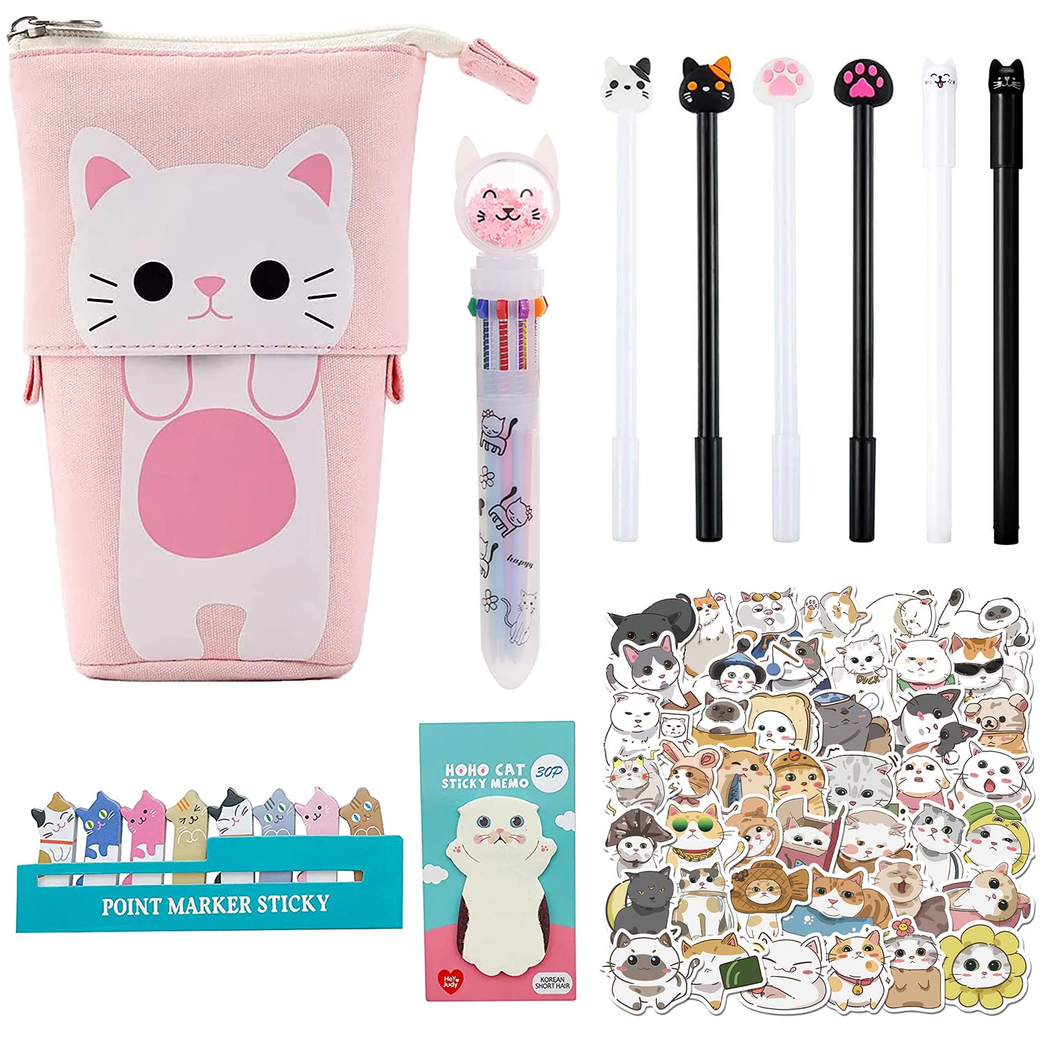 KKSJK Kids Cat Pencil Case Set, 1 Cat Pencil Case, 1 Colorful Ballpoint Pen, 6 Gel Pens, 62 Cat Stickers, Sticky Notes, Gifts for Girls