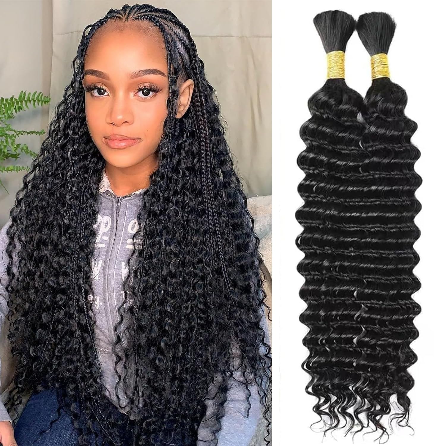 Human Braiding Hair 100g 18 Inch Deep Wave Bundles Human Hair Bulk Braiding Hair for Braiding No Weft Bundle Curly Human Hair Extensions for Boho Braids Wet and Wavy Human Hair — image 1