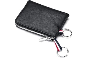 imeetu Leather Coin Purse Wallet, Mini Dual Keyrings Change Pouch Card Holder for Men Women (Black, large)